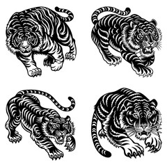 Collection of tigers for tattoo on a transparent background.