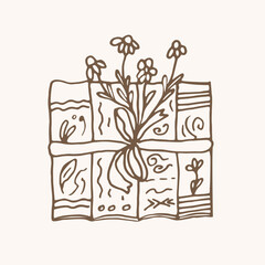 Book stacks tied with ribbon with flowers, vector element with doodles, magic objects, book fair, world Book Day. Hand-drawn illustration