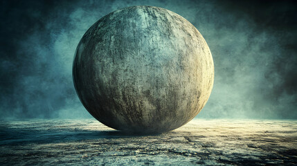 Large weathered stone sphere on dark ground with smoky background.