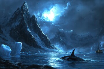 Fototapeta premium A dark, atmospheric scene featuring a whale near icy mountains under a moonlit sky.