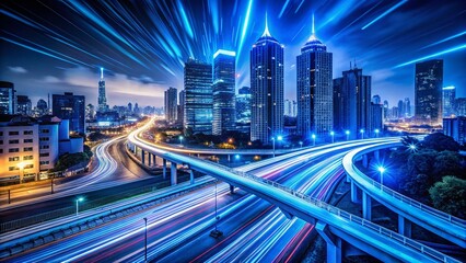 Fototapeta premium Captivating Low Light Photography of Luminous Blue Speed Trails Creating a Stunning Nighttime Urban Landscape with Motion and Energy in a Dynamic City Environment