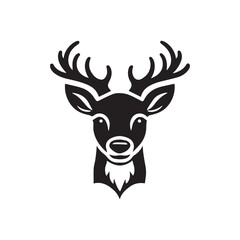 Christmas deer flat icon. Black and white. Vector illustration. Flat logo design. A deer with antlers on it's head is shown, with a white background