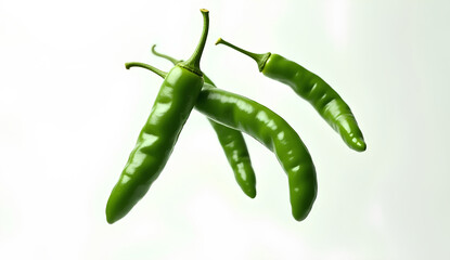 Falling closeup green chillies isolated on white background, full depth of field