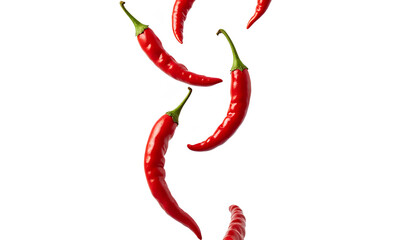Falling closeup red chillies isolated on white background, full depth of field