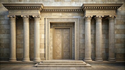 A Majestic Entrance Adorned with Ancient Architectural Details, Featuring a Grand Doorway Flanked by Fluted Columns and Intricate Stonework