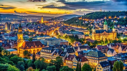Fototapeta premium Captivating Low Light Photography of Stuttgart’s 12 Iconic Sights Showcasing the City’s Architectural Beauty, Lively Atmosphere, and Enchanting Nightscape