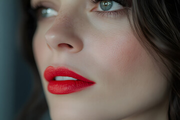 Fototapeta premium Extreme close-up of a woman’s face with bold red lips and glowing skin. beautiful lips with red lipstick.