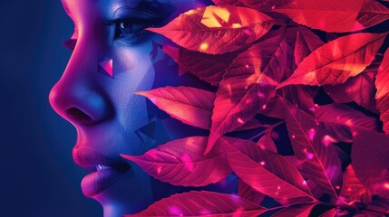 A vibrant profile of a person intertwined with colorful leaves and geometric shapes.