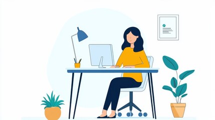 Concentrated Young Woman Working on Computer at Modern Desk with Potted Plant in Office