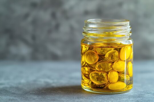 Close-up view of yellow ret counsel oil in a short clear jar, set against a muted grey backdrop to enhance the oil's vibrant color.