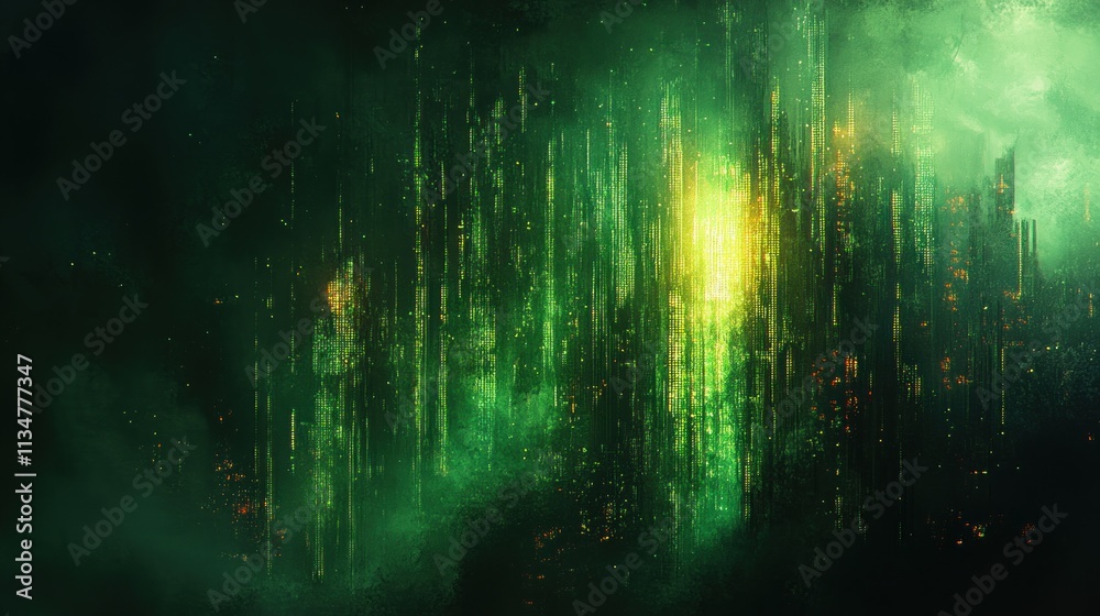 Aufkleber Green Vertical Lines Digital Abstract Glitch Art Background with Neon Lighting and Pixel Patterns