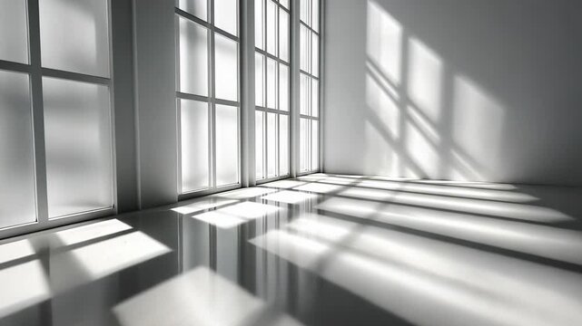 Light abstract streaming through a window, creating shadows in an empty industrial space with concrete floor background