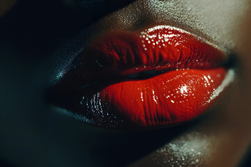 Extreme close-up of a african woman&rsquo;s face with bold red lips and glowing skin. beautiful lips with red lipstick.