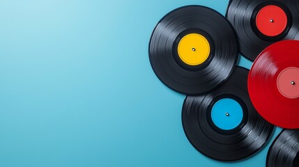 Colorful vinyl records arranged on a blue background, showcasing a retro musical vibe.