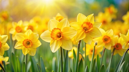 Obraz premium Closeup of vibrant yellow daffodils blooming in a spring garden, nature, flowers, daffodils, spring, growth, closeup, petals