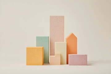 Fototapeta premium Various geometric shapes in soft pastel colors are arranged in an artistic display on a plain light background. This composition highlights creativity in design and art.