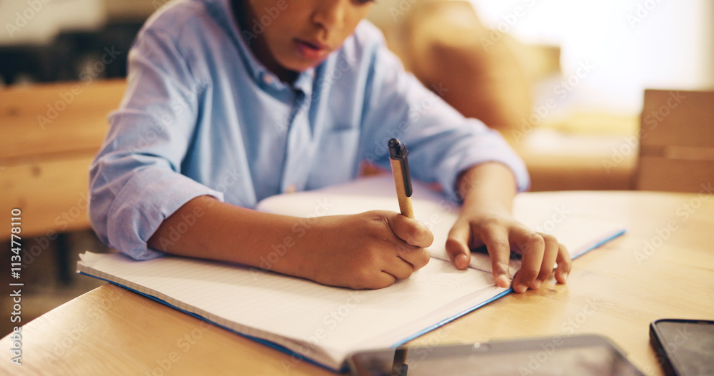 Poster writing, hands and child with notebook, home and kid with information, education and studying for ex