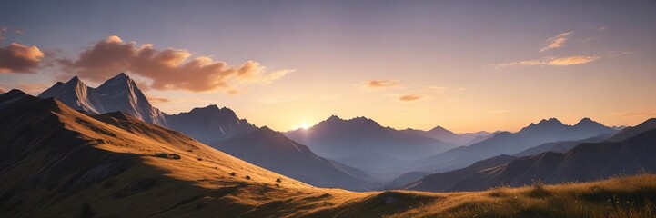 Obraz premium Gradual transition from blue to golden hues at sunset over a mountain range landscape, sunset, gold