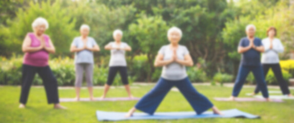 Obraz premium Elderly yoga practice with a calm and blurred backdrop for themes of retirement wellness, blurred background, yoga, retire