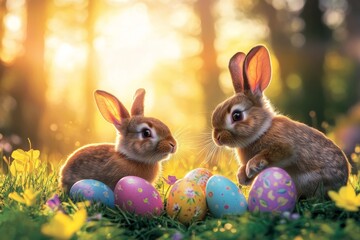Joyful servant rabbits playfully interact with colorful easter eggs amidst spring blooms at sunset