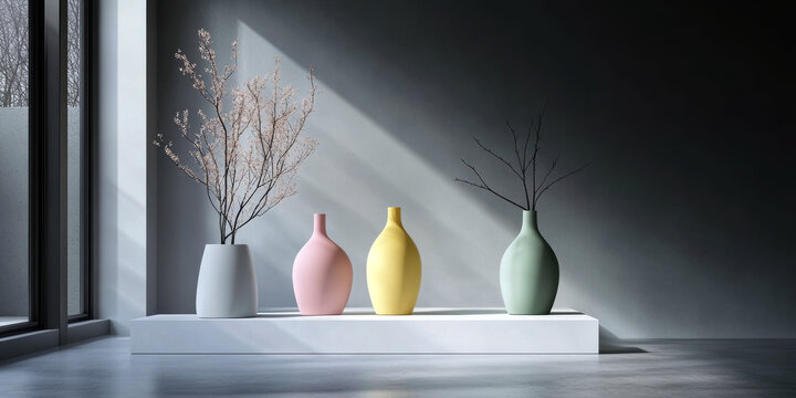 This serene interior scene features three colorful vases elegantly displayed on a white shelf, adorned with delicate branches, showcasing a harmonious blend of simplicity and modern design.