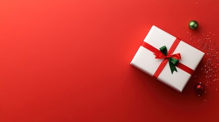 Christmas Gift Boxes with Tree Ornaments and Sequins on Red Background