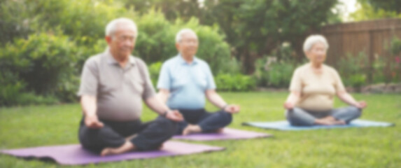Fototapeta premium Blurred background of an elderly person performing a yoga stretch in a natural park setting, blurred background, yoga, retire