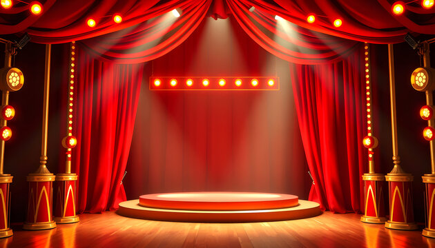 stage with red curtains and spotlights, with white tones
