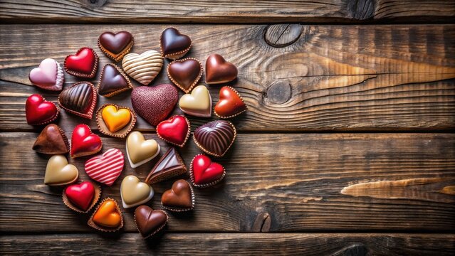 A collection of heart-shaped chocolates arranged on a rustic wooden surface, a visual representation of love and sweetness.