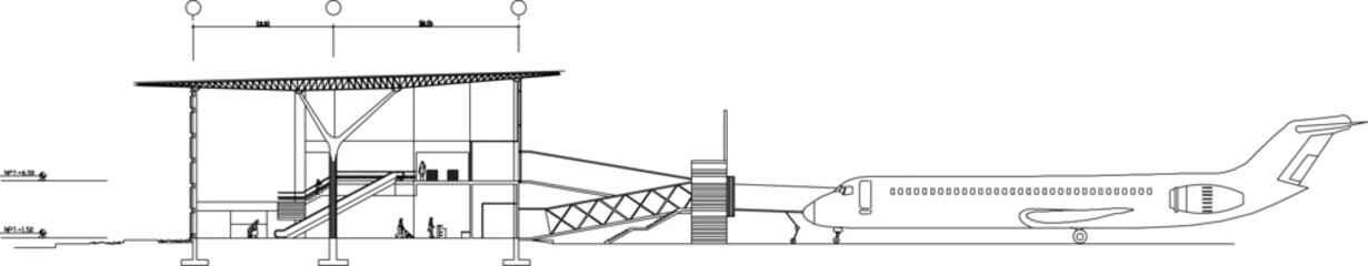 Vector sketch illustration of airport construction building design silhouette with plane.eps