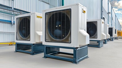 Industrial air conditioning units lined up in a commercial setting.