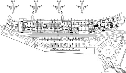 Vector sketch illustration of silhouette design of site plan layout of airport construction building with plane.eps