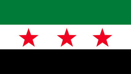 PNG photo of The new Syrian flag with green, white, and black horizontal stripes and three red stars in the center,
