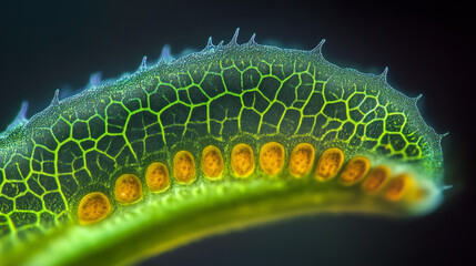 Fototapeta premium Microscopic Leaf Apex: Cellular Structure, Green Hues, Macro Photography