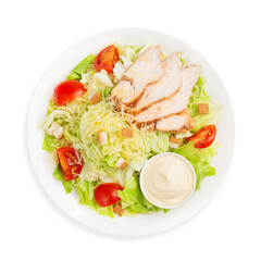 Caesar salad with chicken and fresh vegetables, top view, on a white background, isolated.