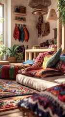 Bohemian Living Room Knitted Textiles 3D Render