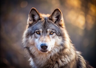 Fototapeta premium Captivating Minimalist Photography of a Gray Wolf in a Serene Wilderness Setting, Emphasizing the Majesty and Tranquility of Nature's Most Mysterious Canine