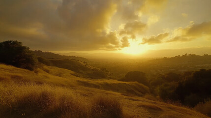 Golden Hour Valley Vista: Dramatic Clouds, Scenic Viewpoint, Wide Angle