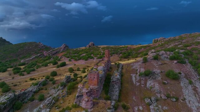 Landscape at the castle of Zafra (12th century). Municipality Campillo Due&ntilde;as. Aerial view from drone. Molina Alto Tajo Geopark. Alto Tajo Natural Park. Guadalajara. Castilla la Mancha. Spain. Europe