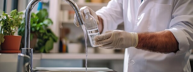 A man takes a water sample in the kitchen. Selective focus.