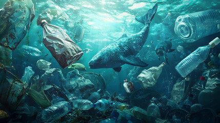 Underwater creatures face a perilous environment, symbolizing the urgency of protecting the ocean from plastic pollution.