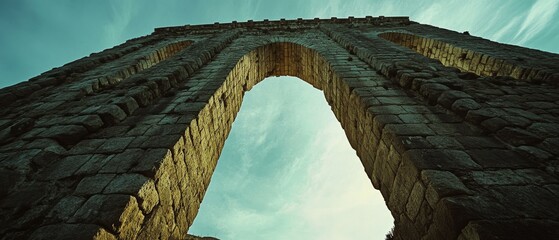 Fototapeta premium A magnificent stone aqueduct towers overhead, its arches silhouetted against a cloudy sky, illustrating ancient construction marvels.