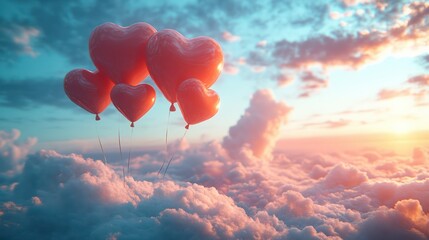 Fototapeta premium Heart Balloons Soaring Above Clouds at Sunset: A Romantic Dream