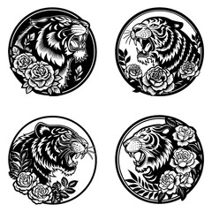 Collection of tigers for tattoo on a transparent background.