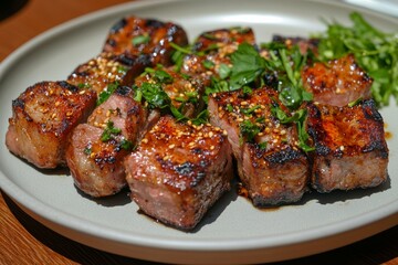 A beautifully plated Com Tam dish, with perfectly grilled pork and fresh herbs, served on a simple ceramic plate. --chaos 15 --ar 3:2 --stylize 200 --v 6.1 Job ID: eda0353a-dbd9-4c59-8e50-e4d6074621db