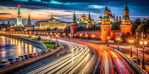 Obraz premium Captivating Moscow Night Traffic Time Lapse: A Stunning Display of City Lights and Motion in the Heart of Russia's Capital Captured in Dynamic Product Photography