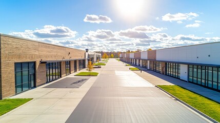 Modern commercial buildings lined along a clear pathway under a bright sun and blue sky.