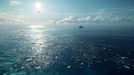 A bird's-eye view of the ocean, filled with floating plastic waste, emphasizes the large-scale problem of ocean pollution.