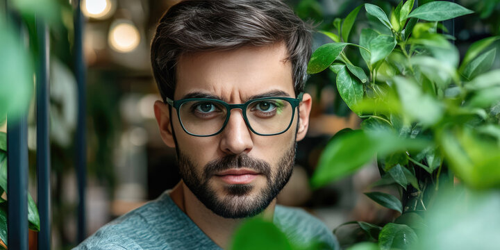 Portrait of a young man with stubble wearing glasses surrounded by tropical plants and leaves