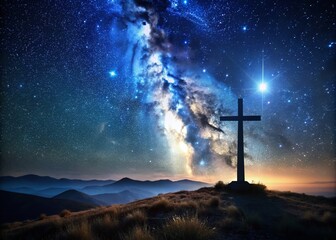 Fototapeta premium Captivating Night Photography of a Cross Silhouette Against a Starry Sky, Illuminated by Soft Moonlight, Evoking a Sense of Peace and Reflection in a Serene Landscape